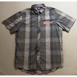 Red Bull Shirt Adult Small Beige‎ Plaid Logo Button Up Short Sleeve Casual Mens.
